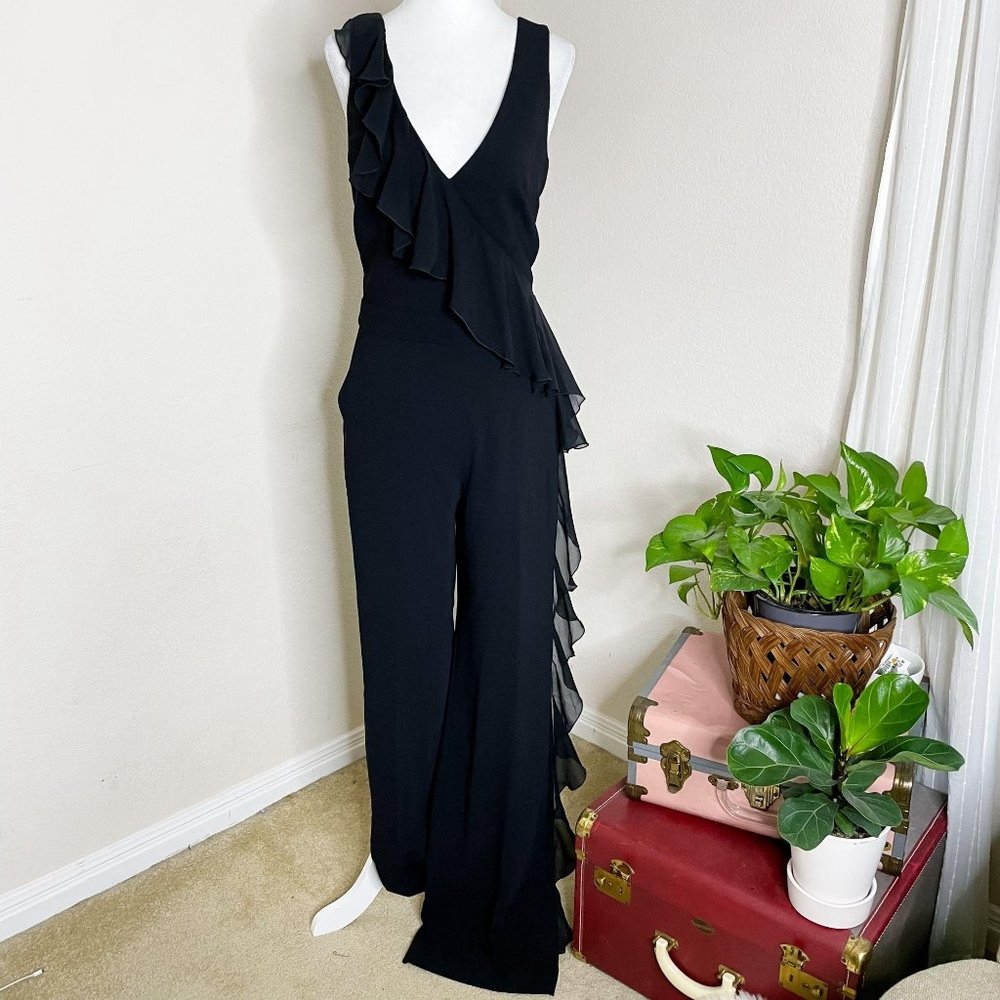 Trina Turk Silk Ruffled V-Neck Jumpsuit Black 6